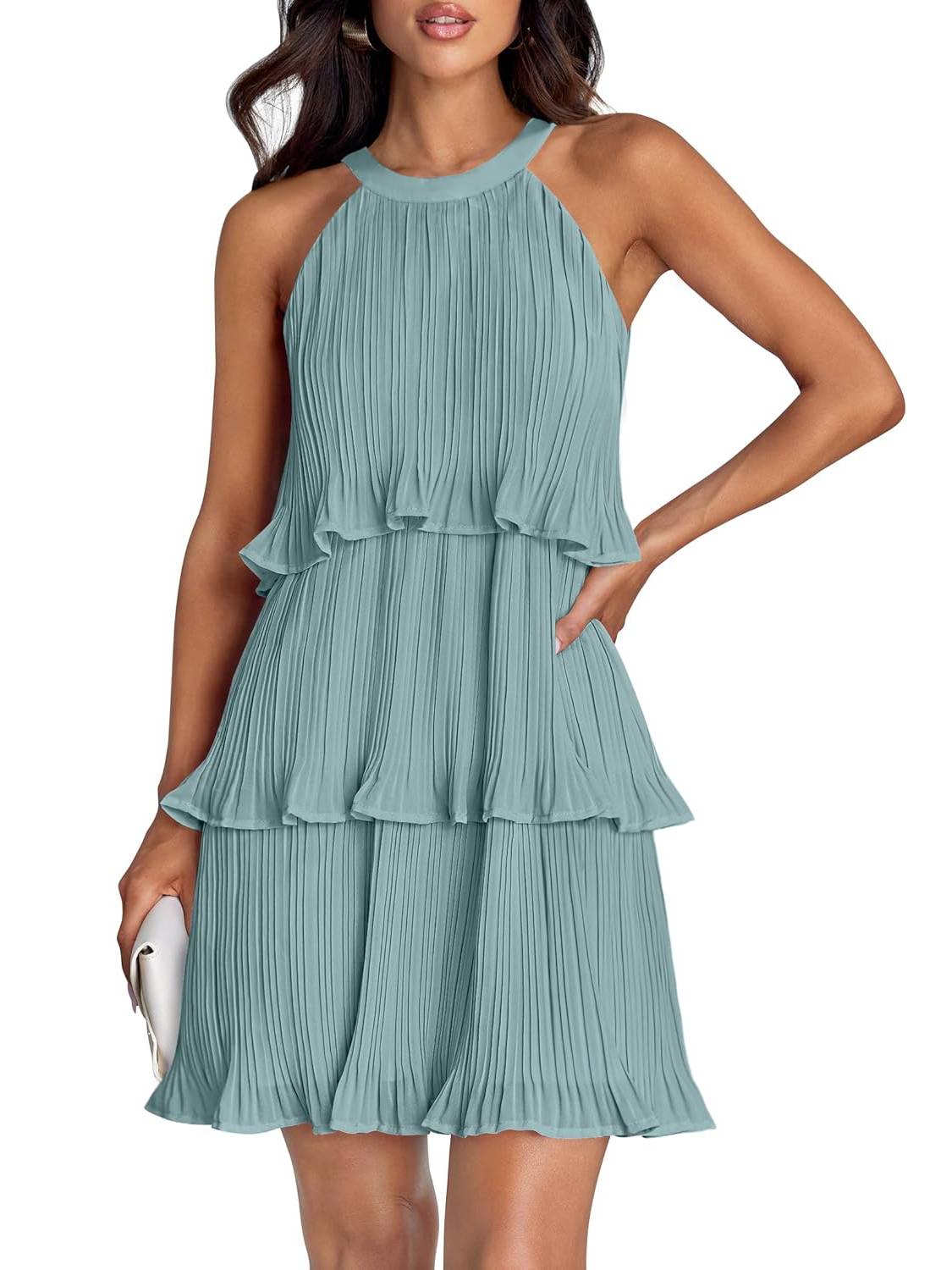 ⏰Hot Sale-Women's Summer Halter Sleeveless Ruffle Tiered Layered Chiffon Pleated Mini Dresses