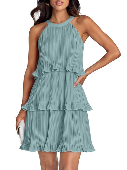 ⏰Hot Sale-Women's Summer Halter Sleeveless Ruffle Tiered Layered Chiffon Pleated Mini Dresses