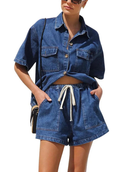 WOMEN'S WASH DENIM SHIRT & SHORTS TWO-PIECE SET