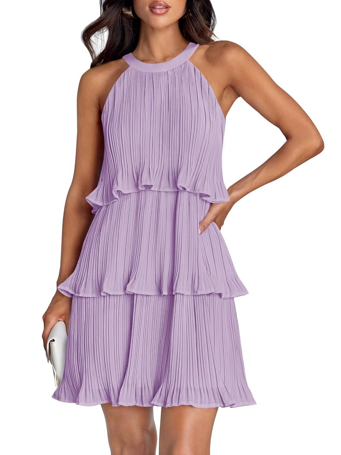 ⏰Hot Sale-Women's Summer Halter Sleeveless Ruffle Tiered Layered Chiffon Pleated Mini Dresses