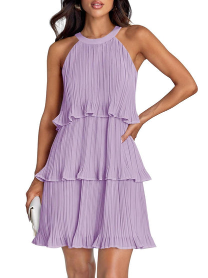 ⏰Hot Sale-Women's Summer Halter Sleeveless Ruffle Tiered Layered Chiffon Pleated Mini Dresses