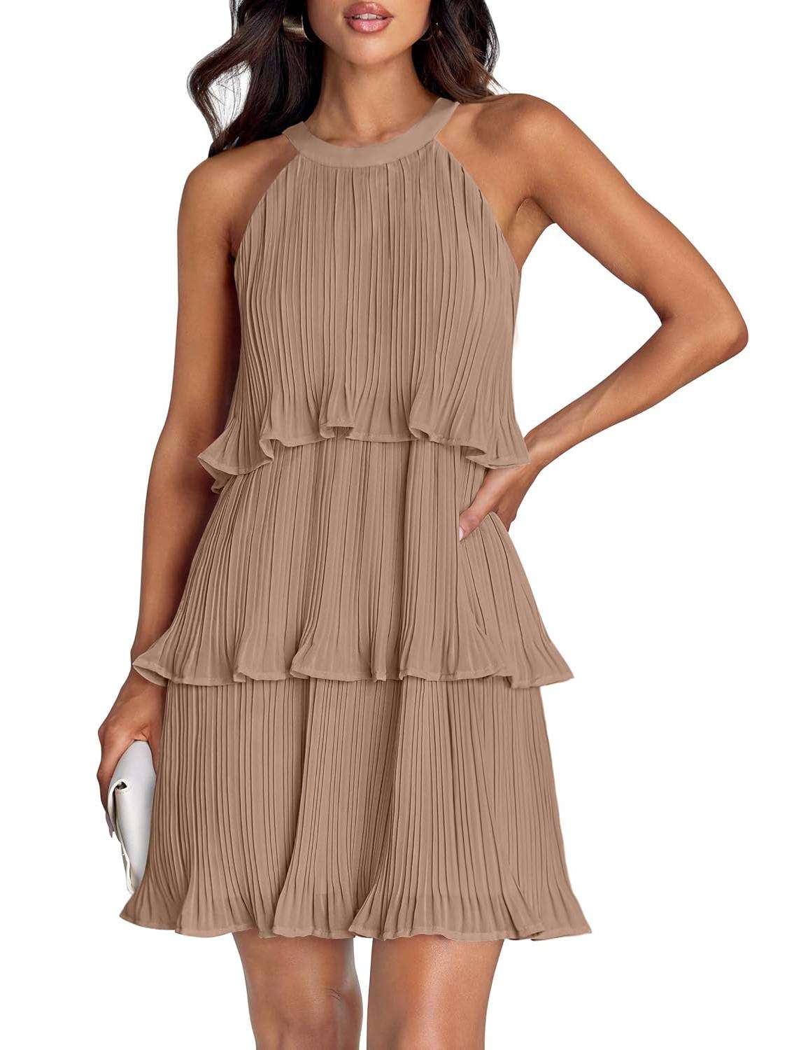 ⏰Hot Sale-Women's Summer Halter Sleeveless Ruffle Tiered Layered Chiffon Pleated Mini Dresses