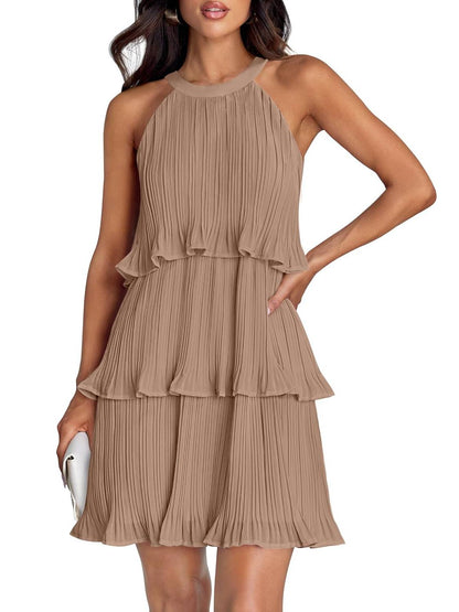 ⏰Hot Sale-Women's Summer Halter Sleeveless Ruffle Tiered Layered Chiffon Pleated Mini Dresses