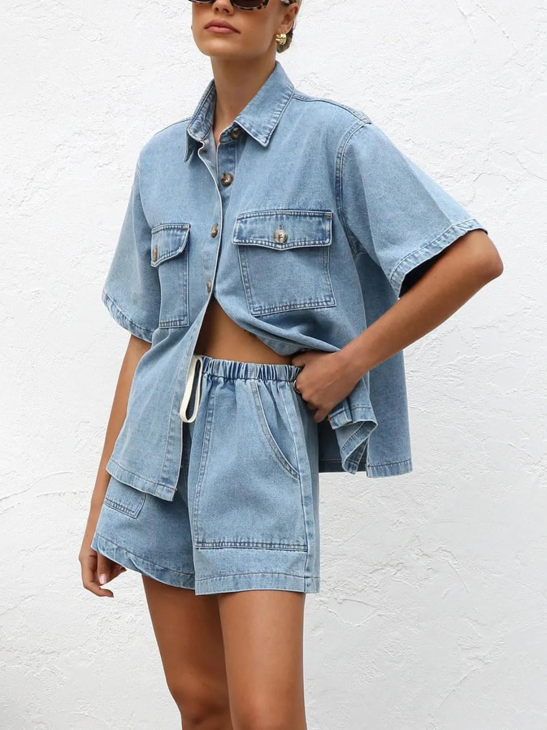 WOMEN'S WASH DENIM SHIRT & SHORTS TWO-PIECE SET