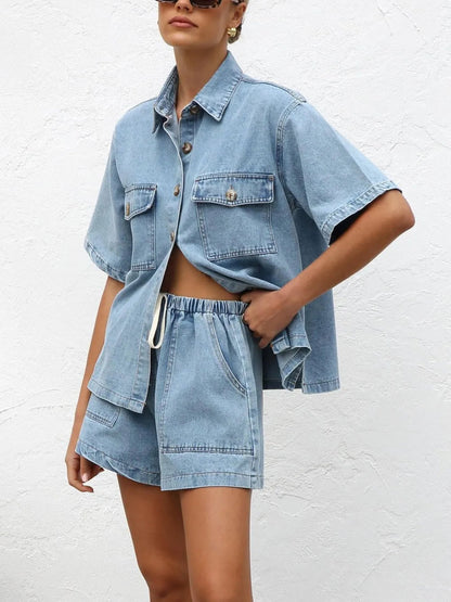 WOMEN'S WASH DENIM SHIRT & SHORTS TWO-PIECE SET