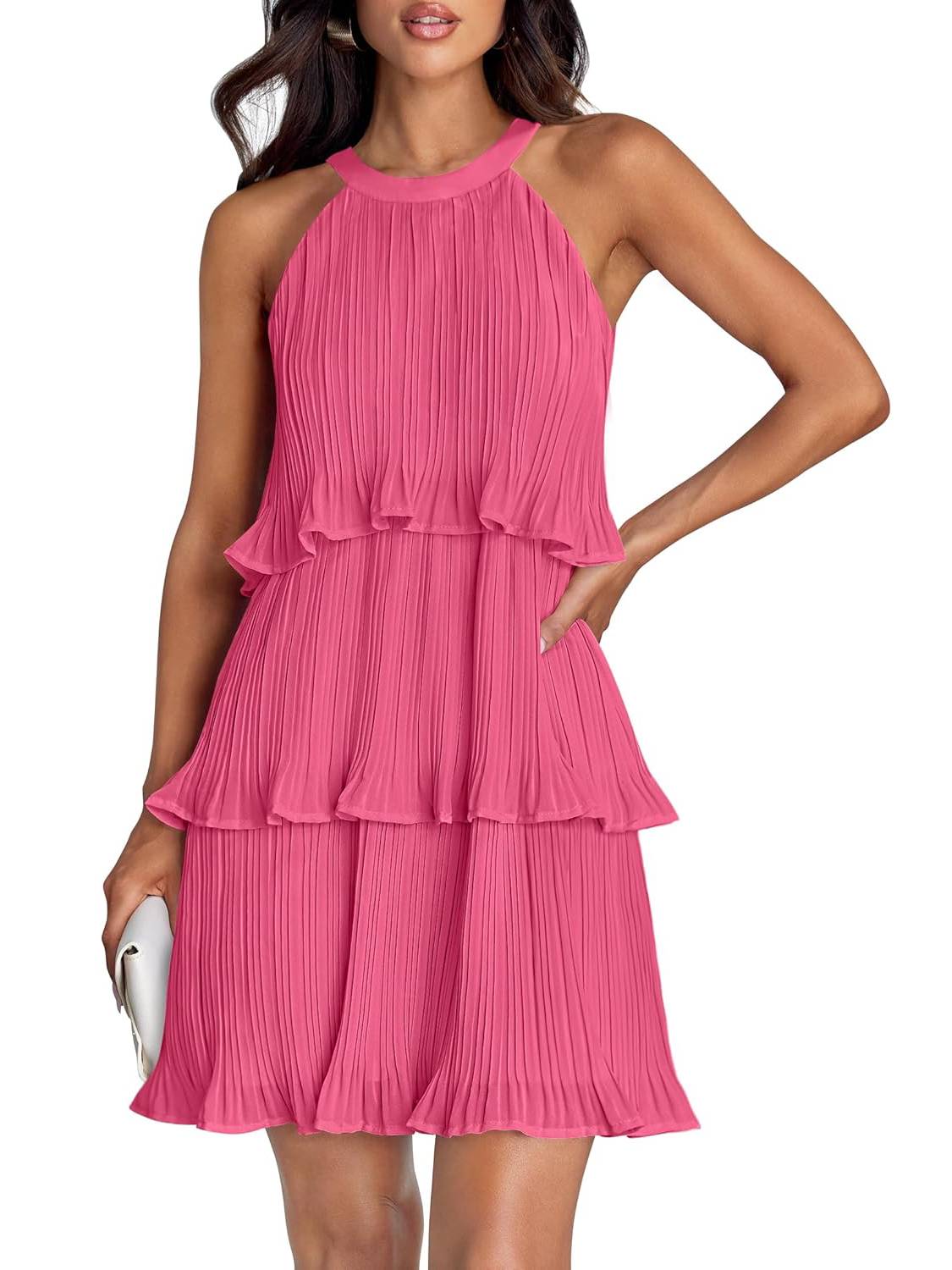⏰Hot Sale-Women's Summer Halter Sleeveless Ruffle Tiered Layered Chiffon Pleated Mini Dresses