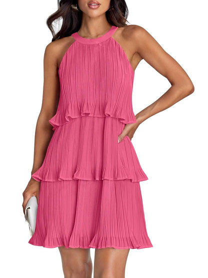 ⏰Hot Sale-Women's Summer Halter Sleeveless Ruffle Tiered Layered Chiffon Pleated Mini Dresses