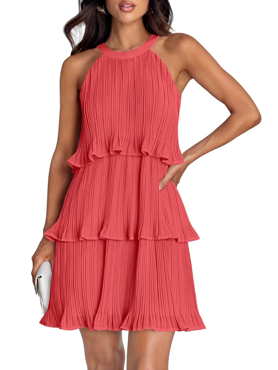 ⏰Hot Sale-Women's Summer Halter Sleeveless Ruffle Tiered Layered Chiffon Pleated Mini Dresses