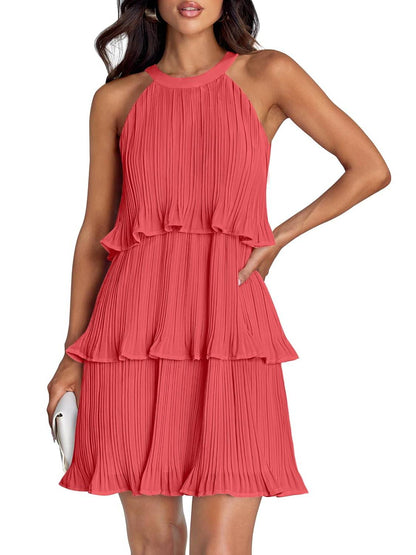 ⏰Hot Sale-Women's Summer Halter Sleeveless Ruffle Tiered Layered Chiffon Pleated Mini Dresses