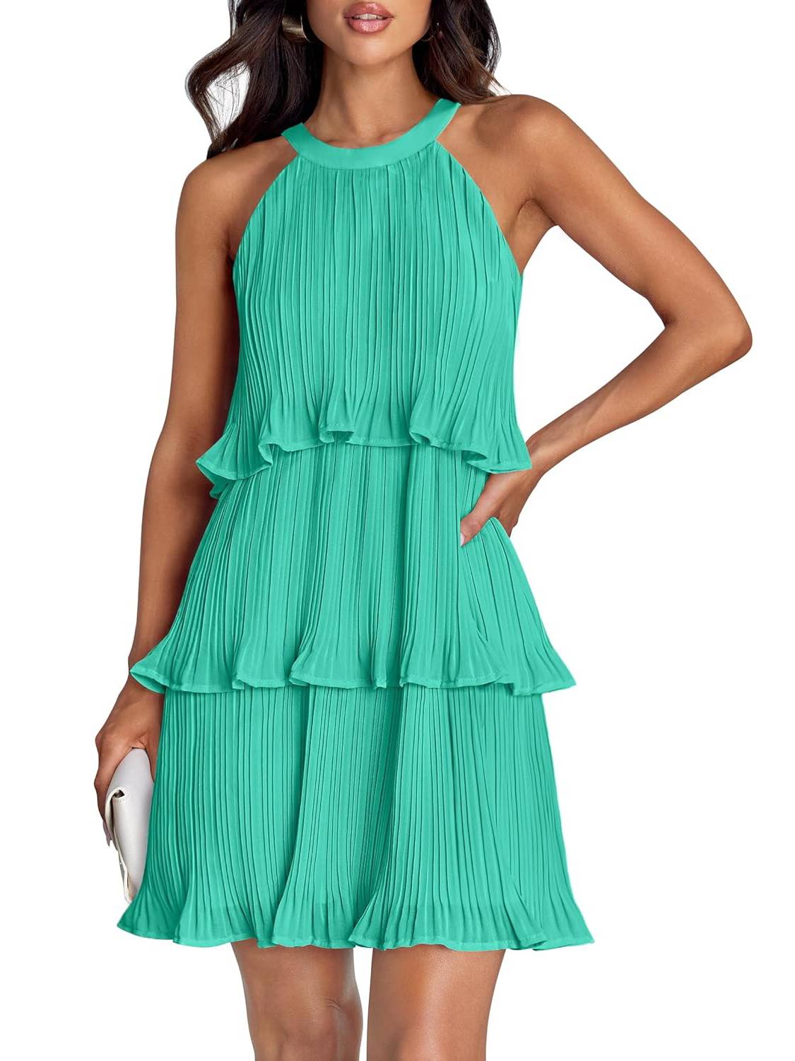 ⏰Hot Sale-Women's Summer Halter Sleeveless Ruffle Tiered Layered Chiffon Pleated Mini Dresses