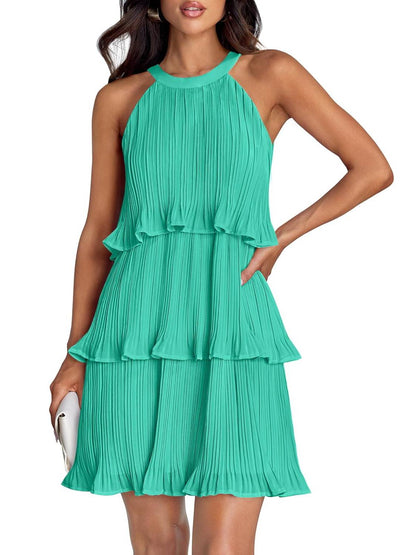 ⏰Hot Sale-Women's Summer Halter Sleeveless Ruffle Tiered Layered Chiffon Pleated Mini Dresses