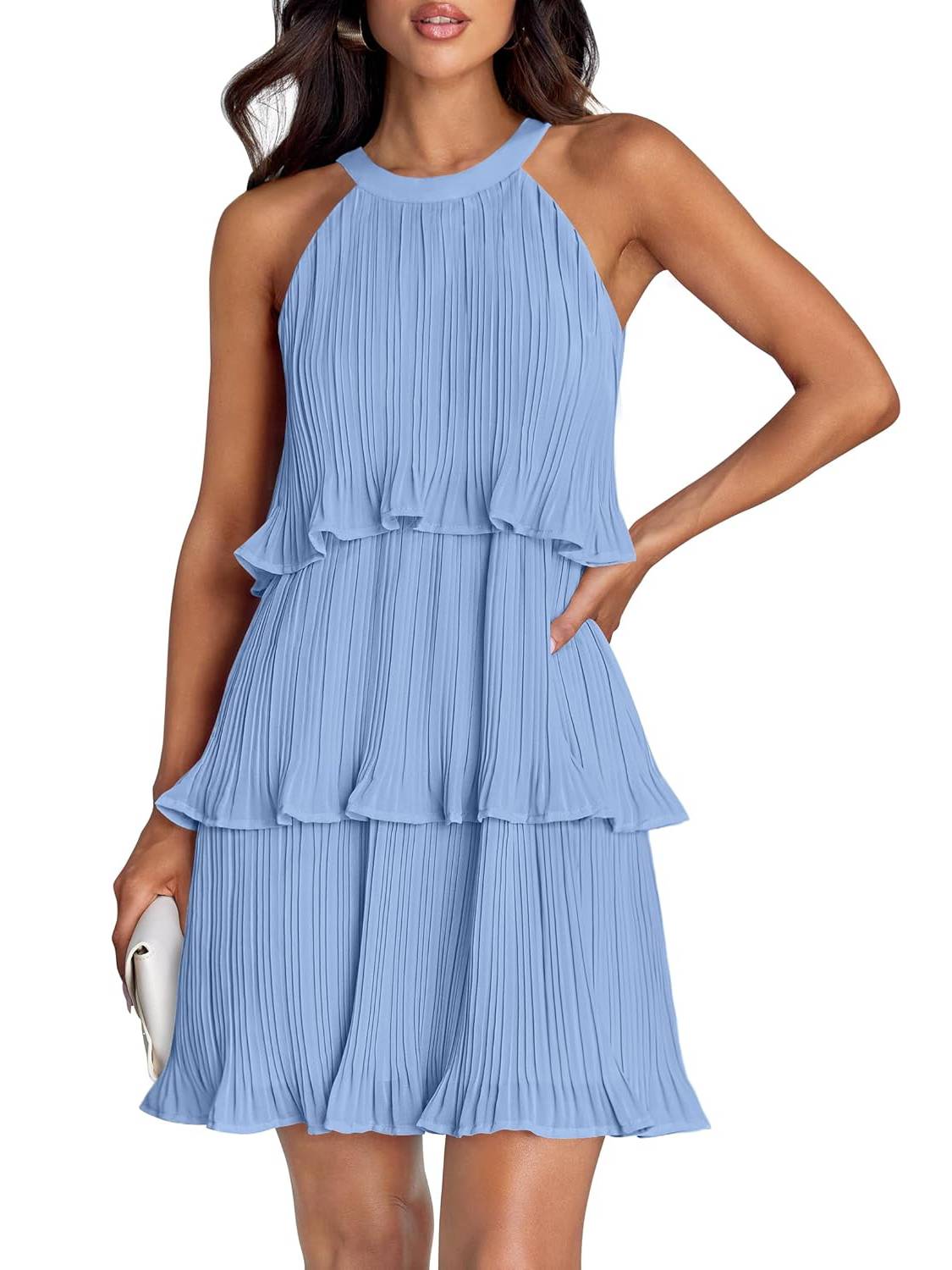 ⏰Hot Sale-Women's Summer Halter Sleeveless Ruffle Tiered Layered Chiffon Pleated Mini Dresses