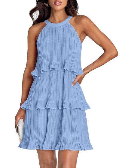 ⏰Hot Sale-Women's Summer Halter Sleeveless Ruffle Tiered Layered Chiffon Pleated Mini Dresses