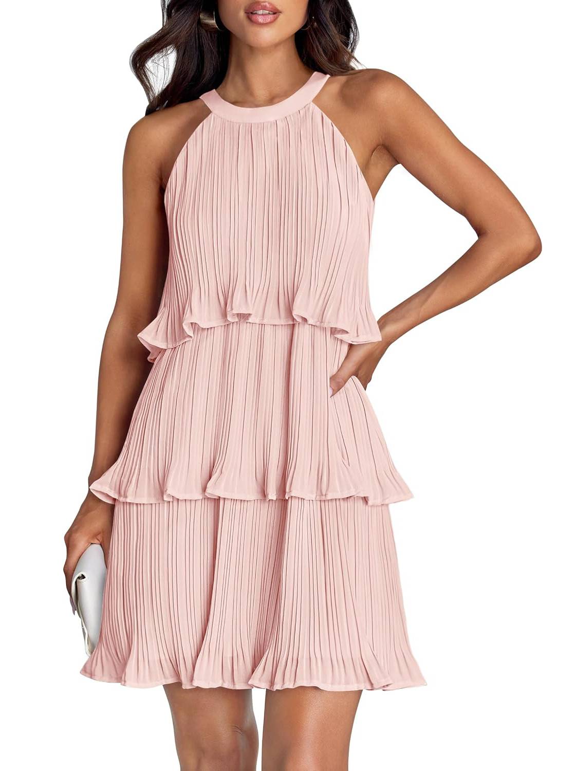 ⏰Hot Sale-Women's Summer Halter Sleeveless Ruffle Tiered Layered Chiffon Pleated Mini Dresses