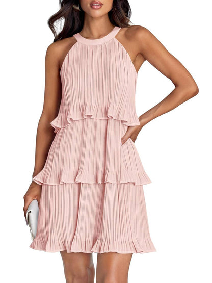 ⏰Hot Sale-Women's Summer Halter Sleeveless Ruffle Tiered Layered Chiffon Pleated Mini Dresses