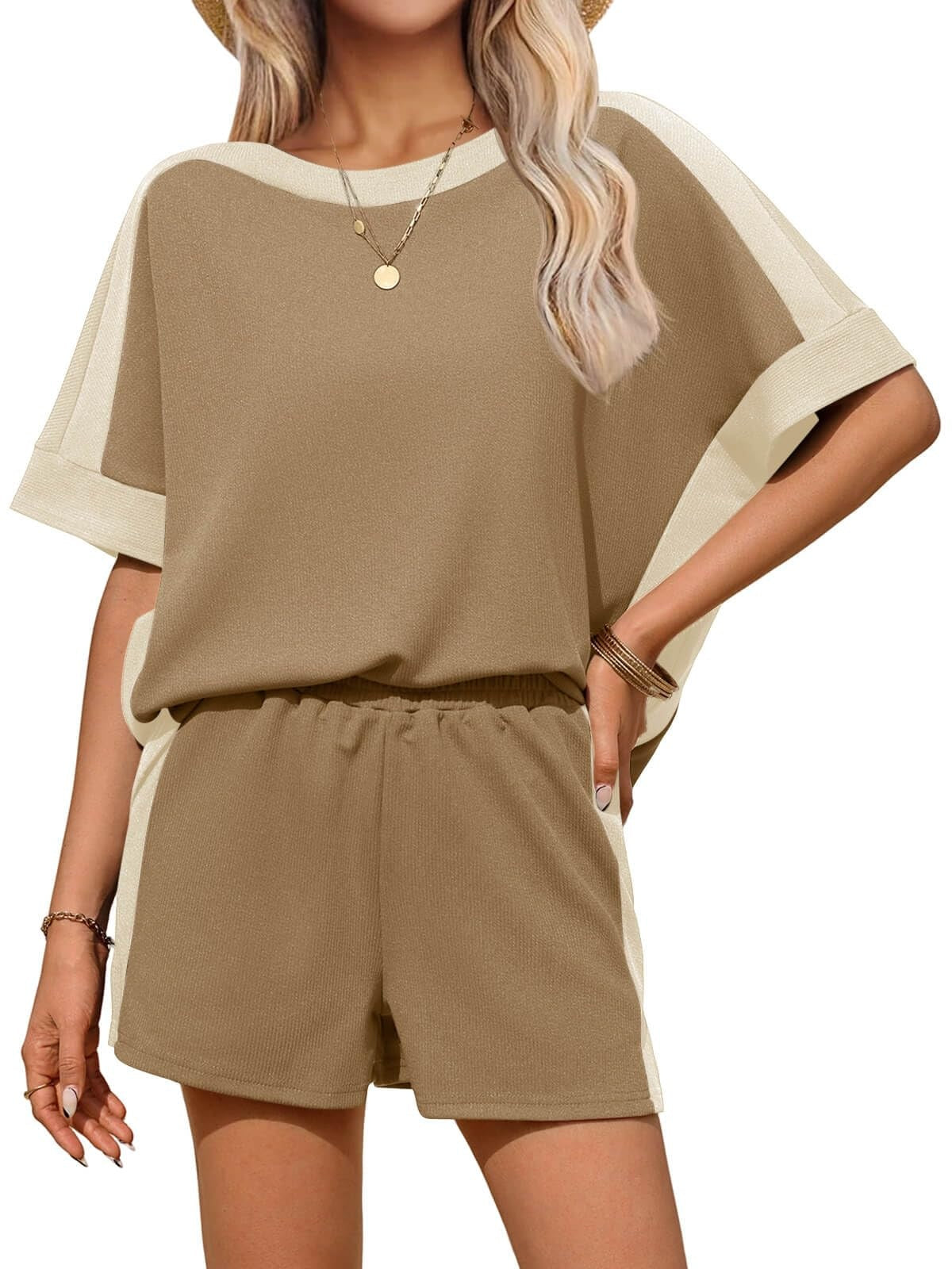 Womens 2 Piece Summer Outfits Oversized Short Sleeve Tops and Shorts Matching Sets