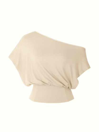 Limited Time Sale Women One Shoulder Split Slim Crop Short Sleeve Fashion Top