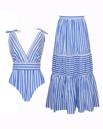 Bowknot Striped Print One Piece Swimsuit and Skirt