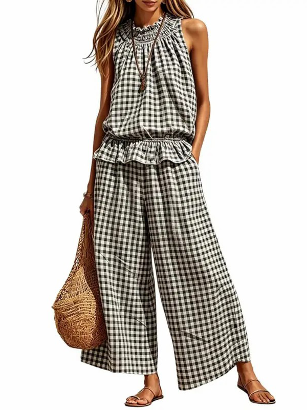 ⏰Hot Sale-Women's 2 Piece Set Outfits Gingham Plaid Sleeveless Ruffle Top Wide Leg Pants