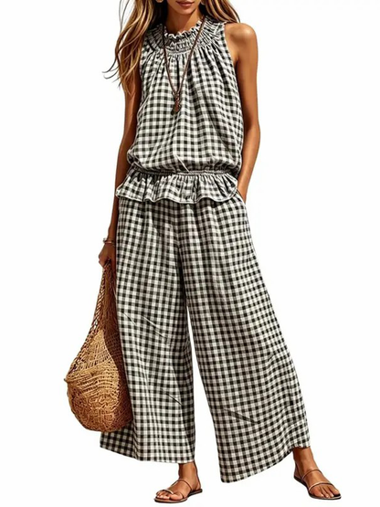 ⏰Hot Sale-Women's 2 Piece Set Outfits Gingham Plaid Sleeveless Ruffle Top Wide Leg Pants