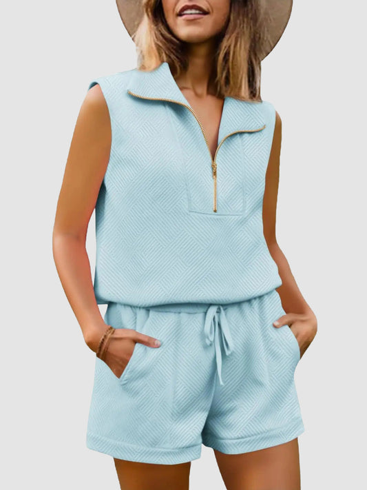 ⏰Hot Sale-Womens 2 Piece Outfits Short Sets Half Zip Sleeveless Tops and Drawstring Shorts