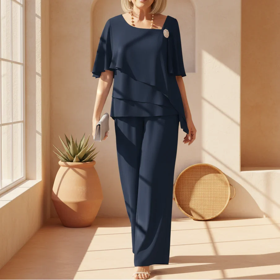 Ruffle Layered Top & Wide Leg Pants Two-Piece Set