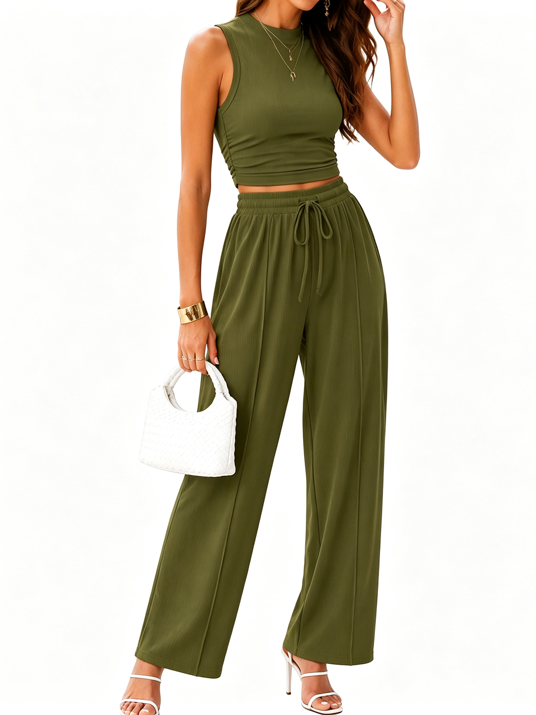Women's Sleeveless Crop Tank & Wide Leg Pants Casual Summer 2-Piece Set