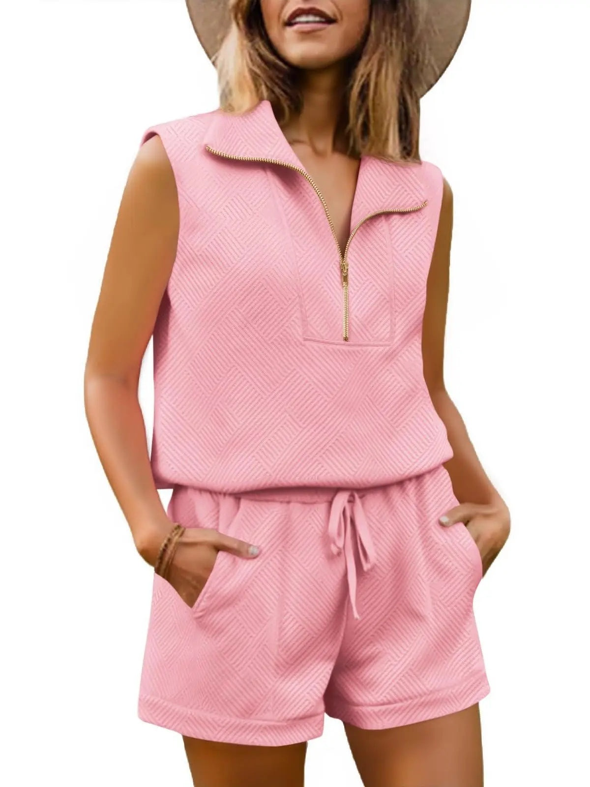 ⏰Hot Sale-Womens 2 Piece Outfits Short Sets Half Zip Sleeveless Tops and Drawstring Shorts