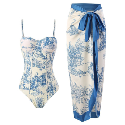 ✨Women Adjustable Shoulder Strip Plant Prints One Piece Swimsuit and Skirt/Sarong