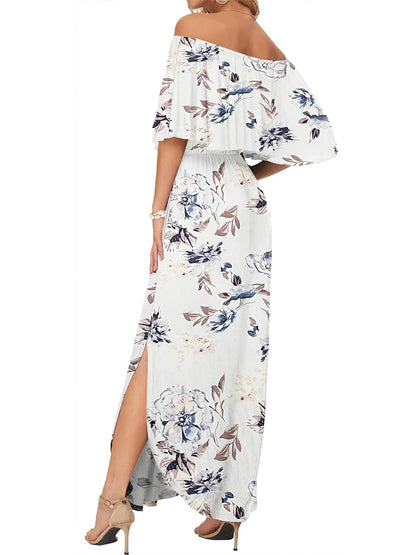 ⏰Hot Sale-Women's Off Shoulder Ruffle Short Sleeve Side Split Maxi Dresses with Pockets