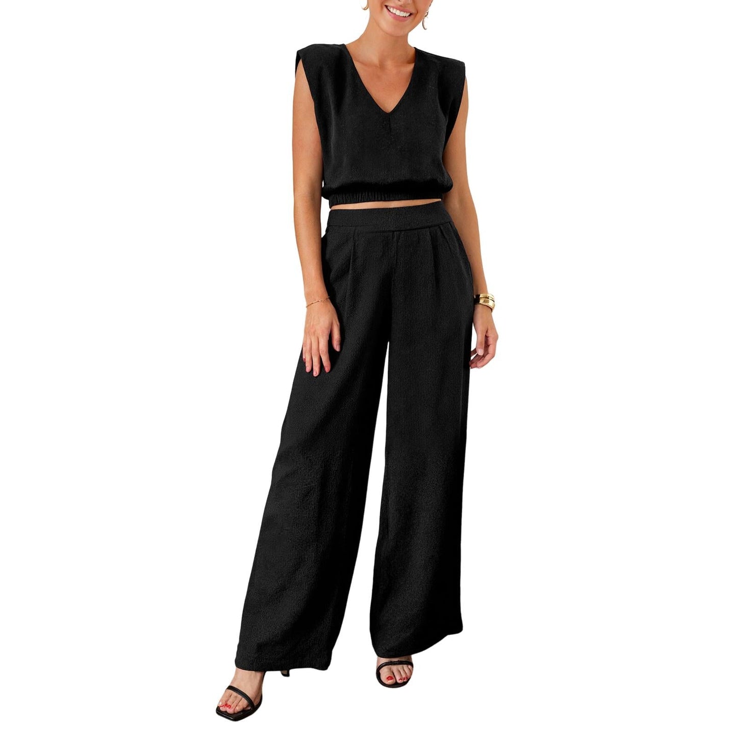 ⏰Hot Sale-Women's Summer 2-Piece Solid Color Tank Top & Wide Leg Pants Set