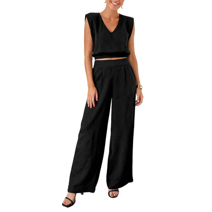 ⏰Hot Sale-Women's Summer 2-Piece Solid Color Tank Top & Wide Leg Pants Set