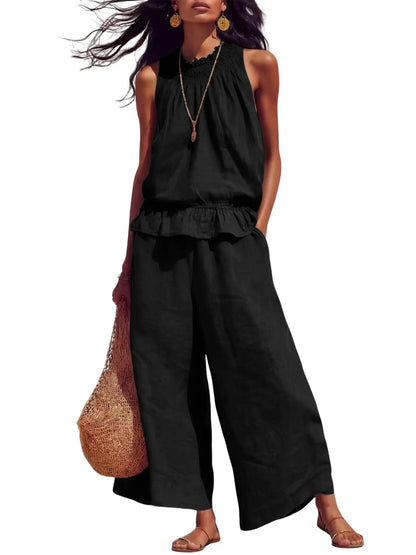 ⏰Hot Sale-Women's 2 Piece Outfits Sleeveless Ruffle Top Wide Leg Pants Summer Loungewear