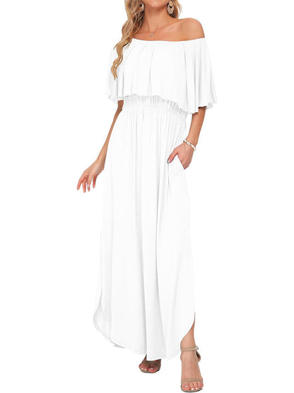 ⏰Hot Sale-Women's Off Shoulder Ruffle Short Sleeve Side Split Maxi Dresses with Pockets