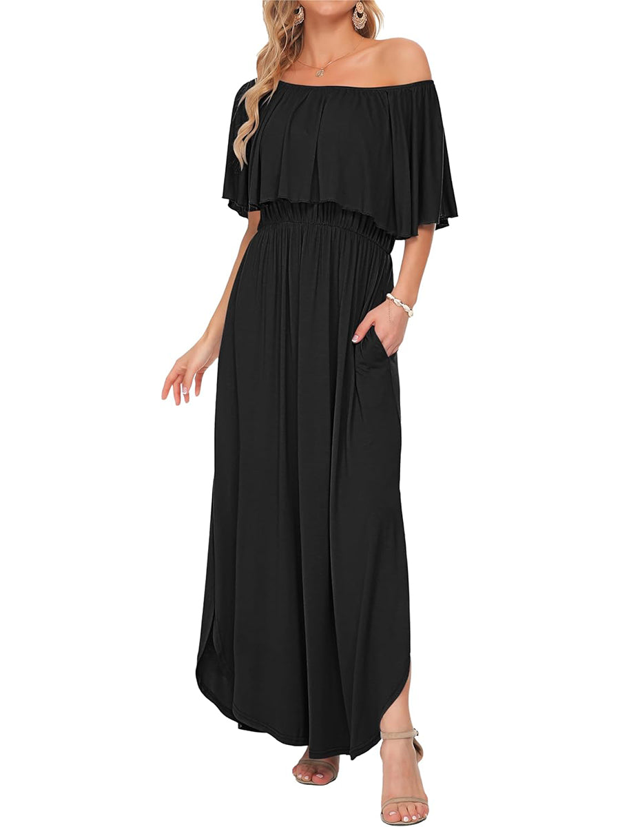 ⏰Hot Sale-Women's Off Shoulder Ruffle Short Sleeve Side Split Maxi Dresses with Pockets