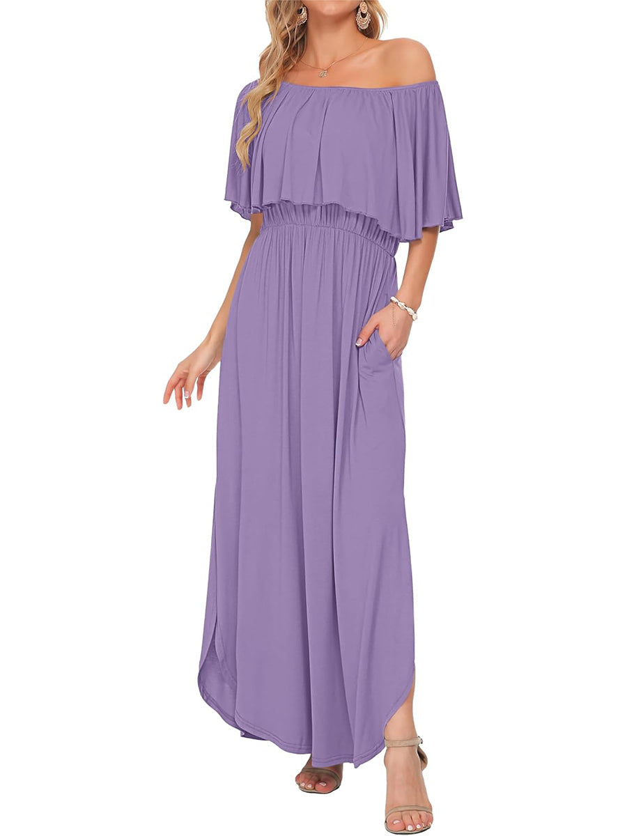⏰Hot Sale-Women's Off Shoulder Ruffle Short Sleeve Side Split Maxi Dresses with Pockets
