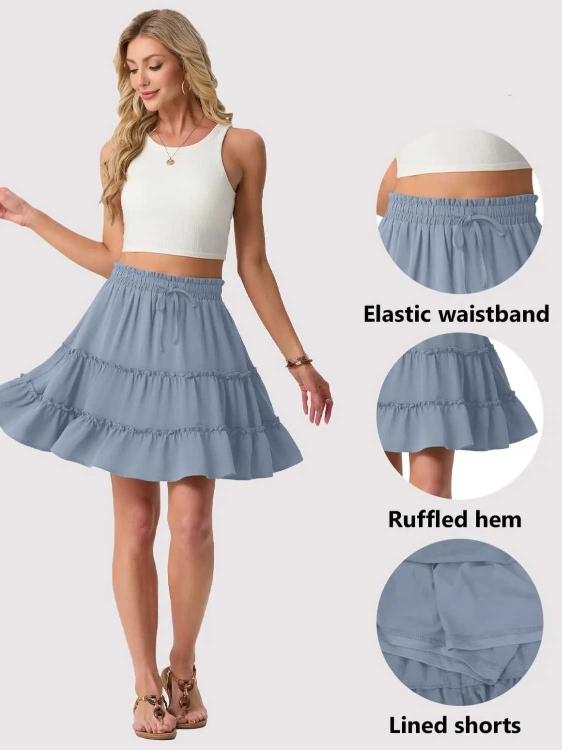 Women Flowy Skorts Built-in Shorts Floral Ruffle Tiered Skirts with Pockets