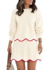 Women Puff Long Sleeve Crewneck Top Scalloped Mini Skirt 2 Piece Knit Set