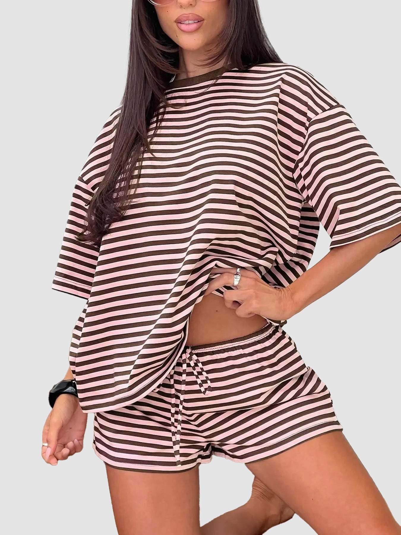 Women Stripe Print 2 Piece Casual Short Set