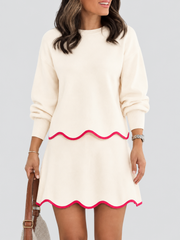 Women Puff Long Sleeve Crewneck Top Scalloped Mini Skirt 2 Piece Knit Set