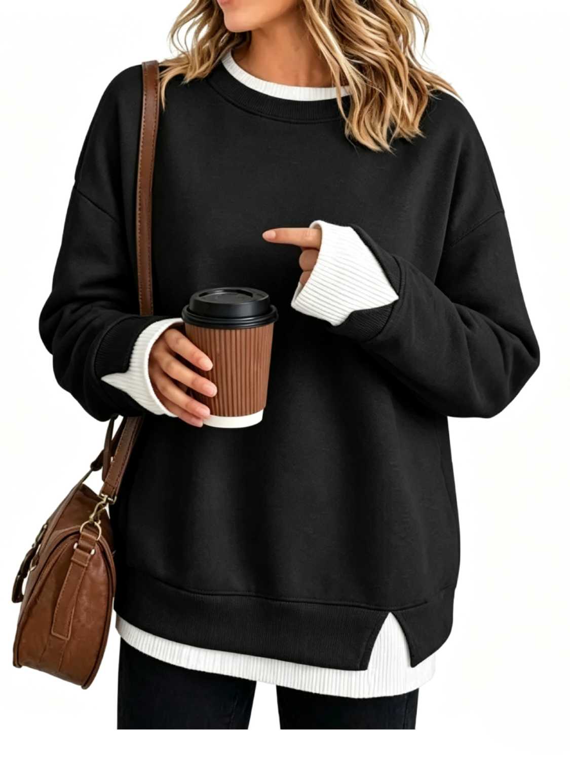⏰Hot Sale-Women's Crew Neck Fake Two Piece Layered Sweatshirt