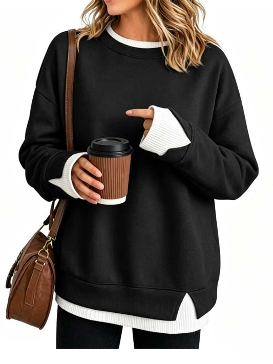 ⏰Hot Sale-Women's Crew Neck Fake Two Piece Layered Sweatshirt