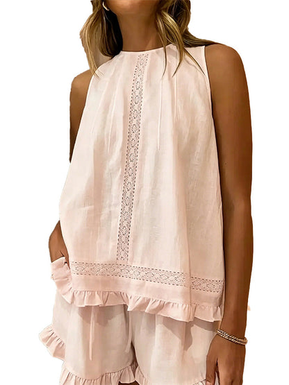 Sleeveless Lace Insert Ruffle Trim Tank Top & Matching Shorts 2 Piece Set