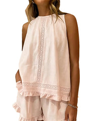 Sleeveless Lace Insert Ruffle Trim Tank Top & Matching Shorts 2 Piece Set