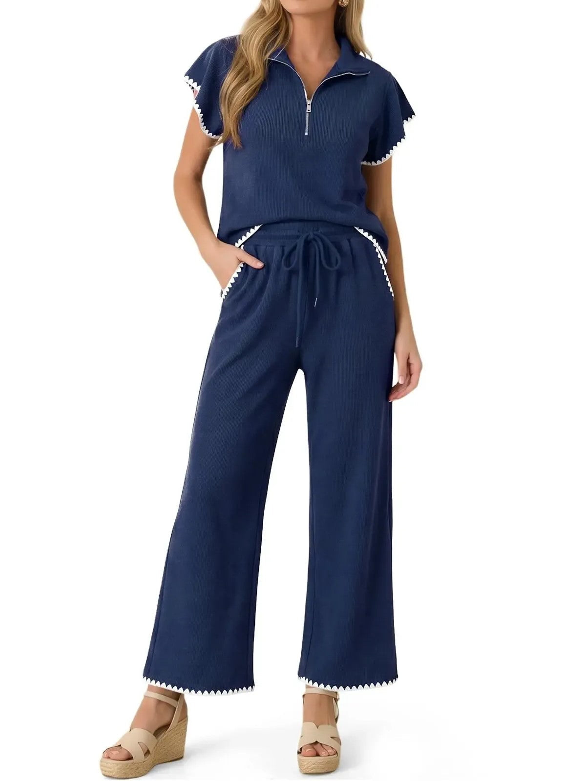 Women Short‑Sleeve Half‑Zip Knit Top With Pockets Scalloped Hem Wide Leg Pant Set