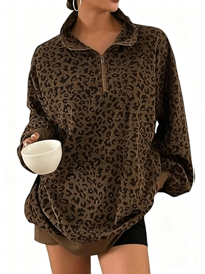 Women Half Zip Leopard Print Oversized Drop Shoulder Pullover