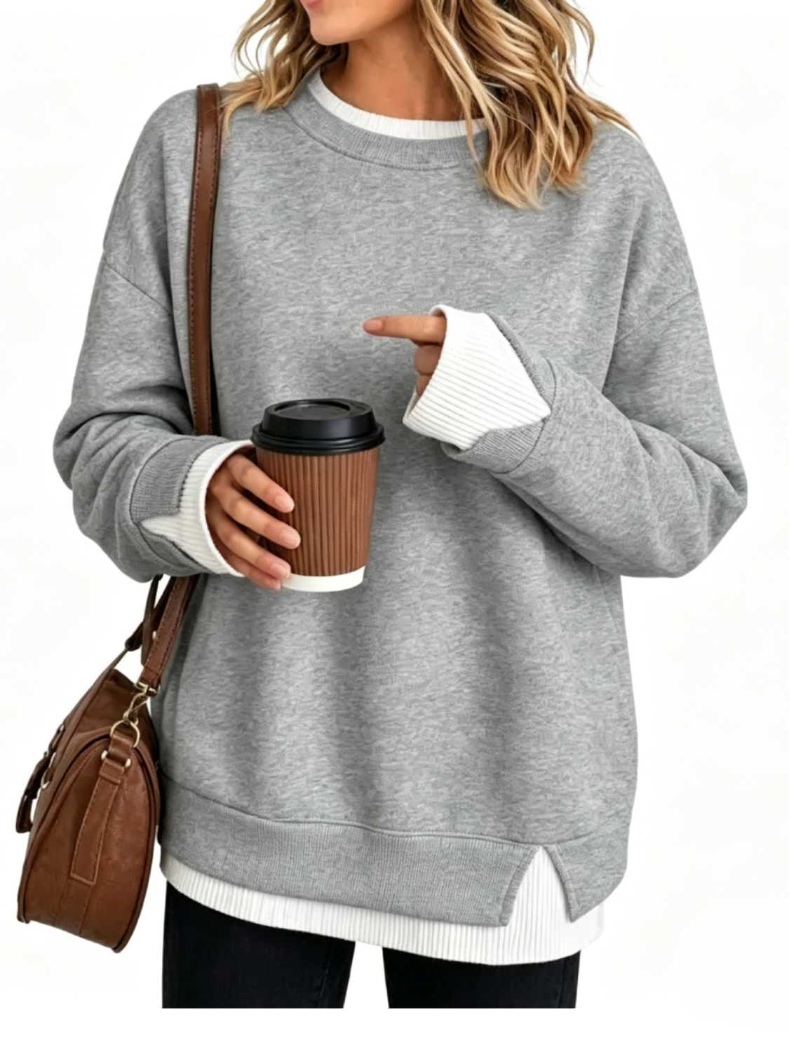 ⏰Hot Sale-Women's Crew Neck Fake Two Piece Layered Sweatshirt