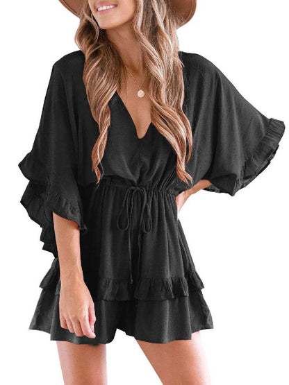 Womens V Neck Ruffle Layered Drawstring Waisted Shorts Jumpsuit