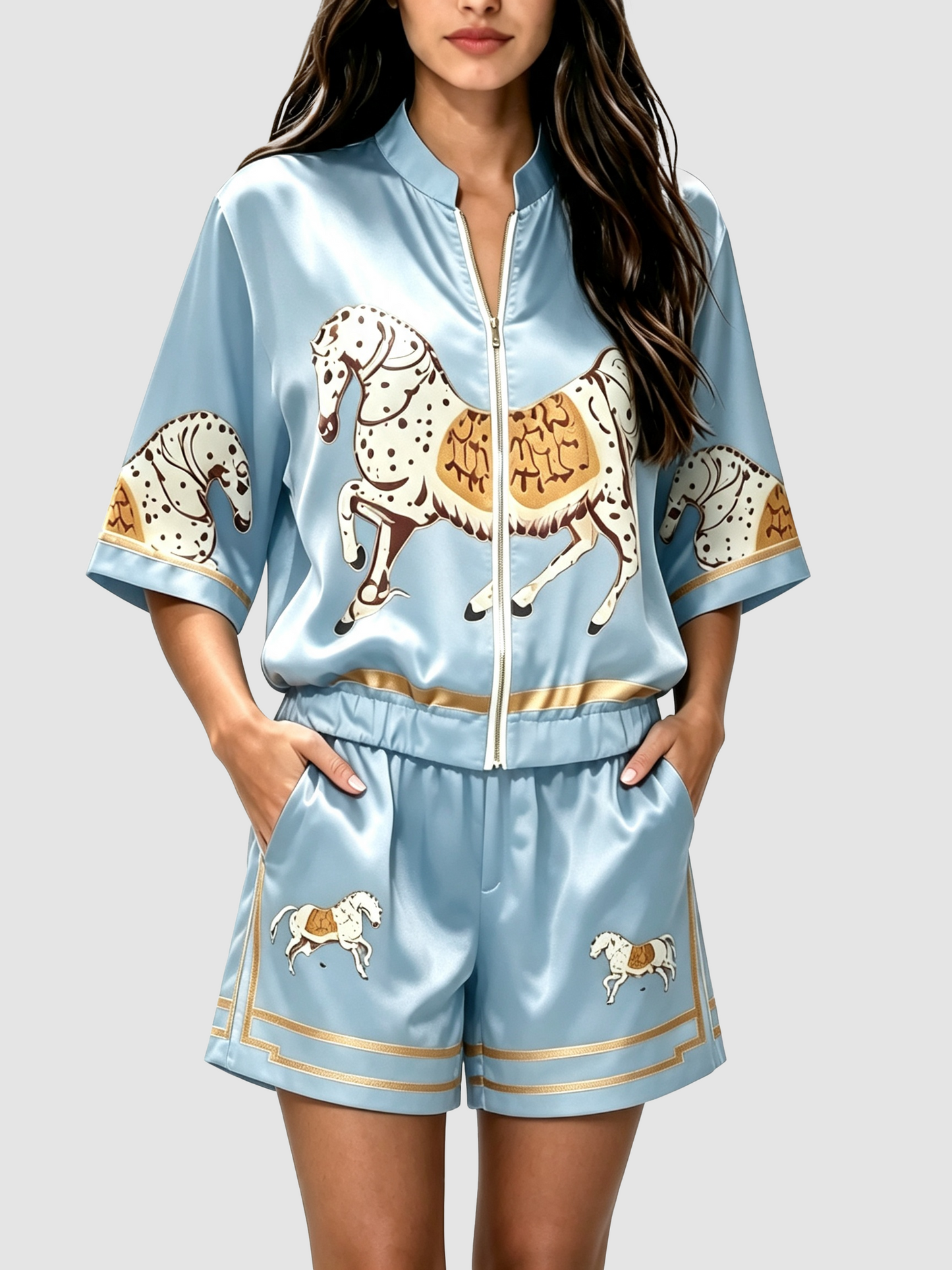 Women Oversized Stand Collar Horse Print Satin Zip Shirt Elastic Waist Short Set