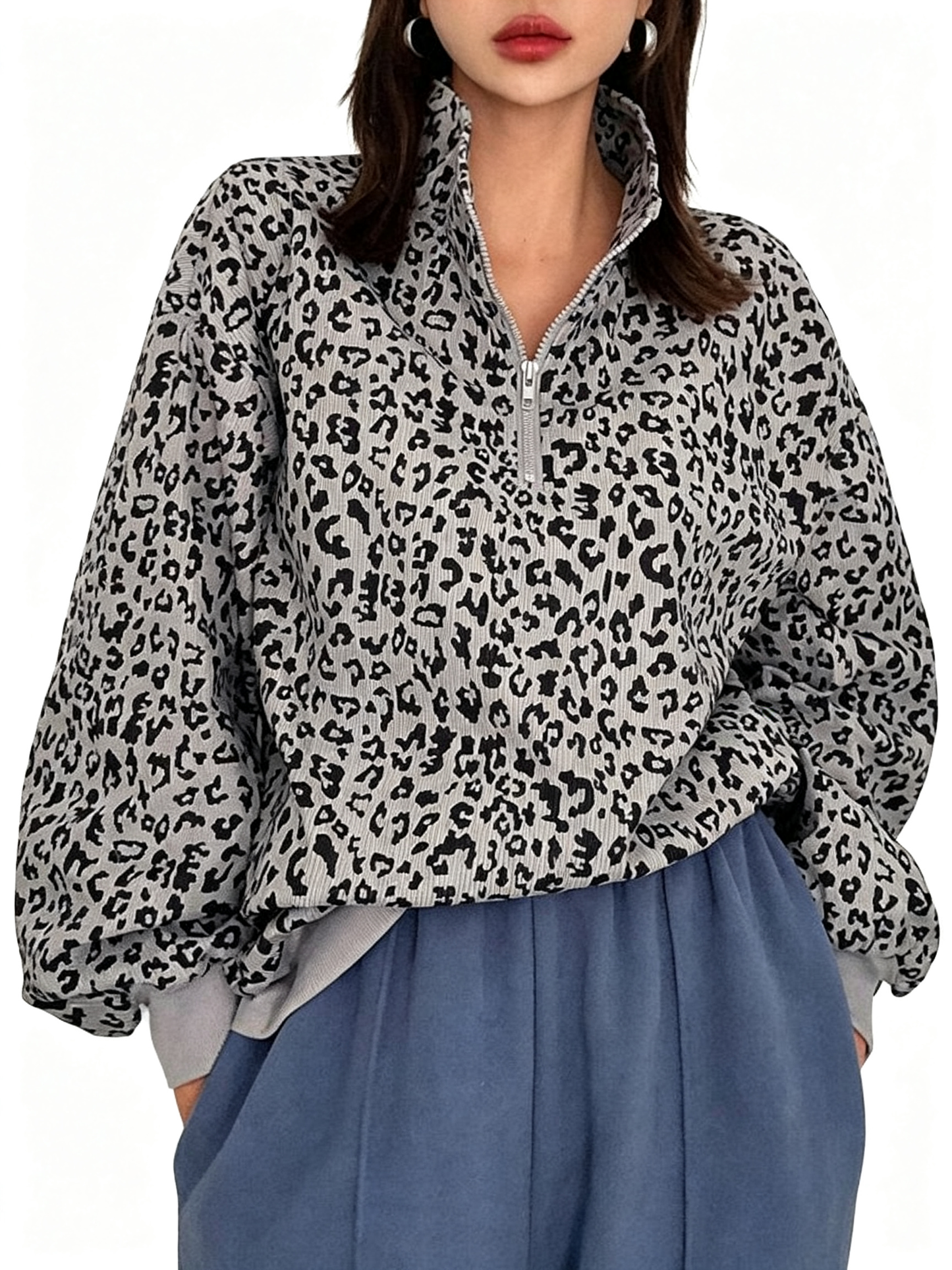 Women Half Zip Leopard Print Oversized Drop Shoulder Pullover
